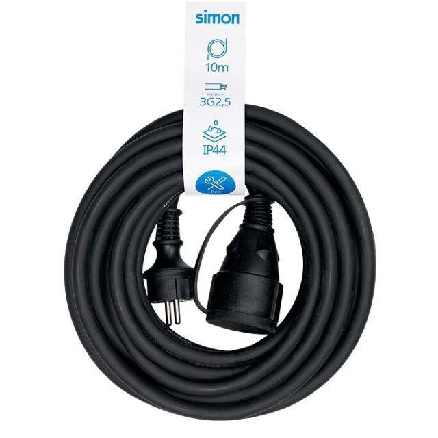 10m. prolongación manguera schuko con tapa 3x2,5mm. negra IP44 (Simon PL122401)