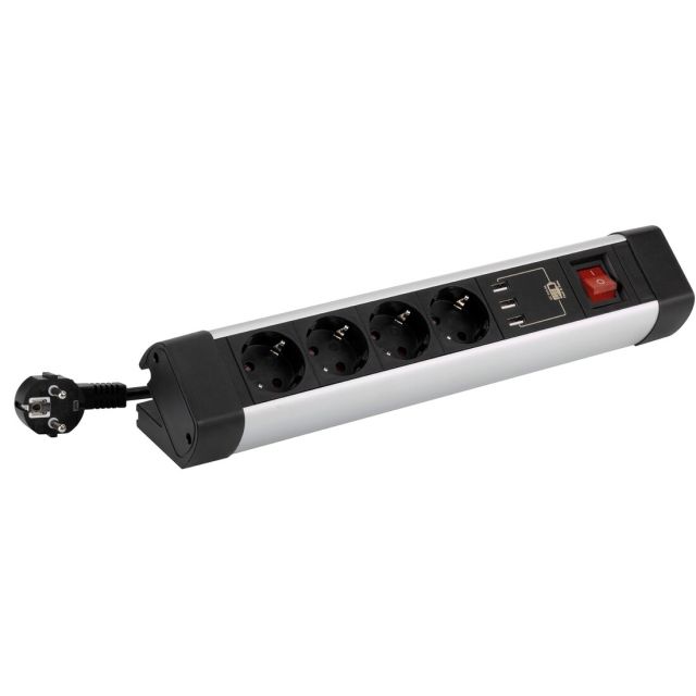 Base múltiple de aluminio con cable y con interruptor de 4 tomas + 3 USB (Simon BM526402)