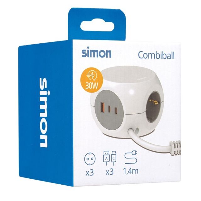 Base múltiple Combiball de 3 tomas + USB y 2 USB-C (Simon BM516307)