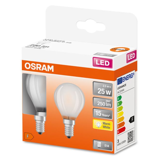 Pack de 2 lámparas esféricas cristal Led mate 2,5W E14 2700K (Osram 289673)