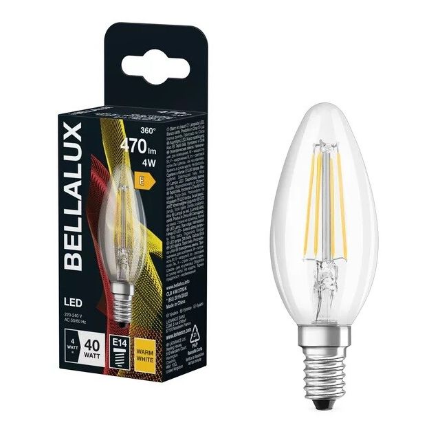 Lámpara vela cristal Led clara E14 4W 2700°K 470Lm (Bellalux 4058075115279)