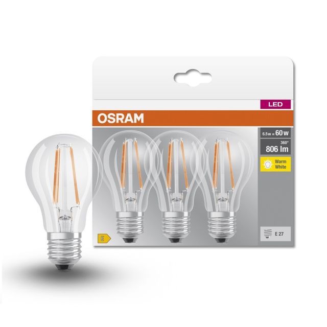 Pack de 3 lámparas estándar cristal Led E27 6,5W 2700K (Osram 4058075819290)