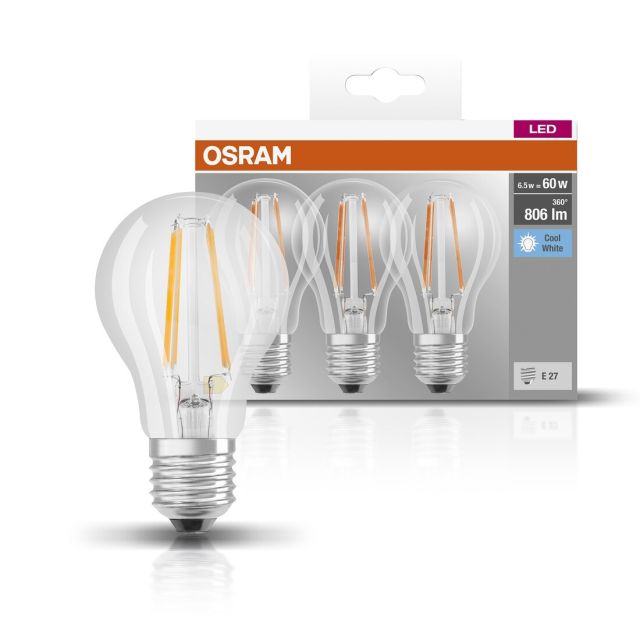 Pack de 3 lámparas estándar cristal Led E27 6,5W 4000K (Osram 4058075819290)